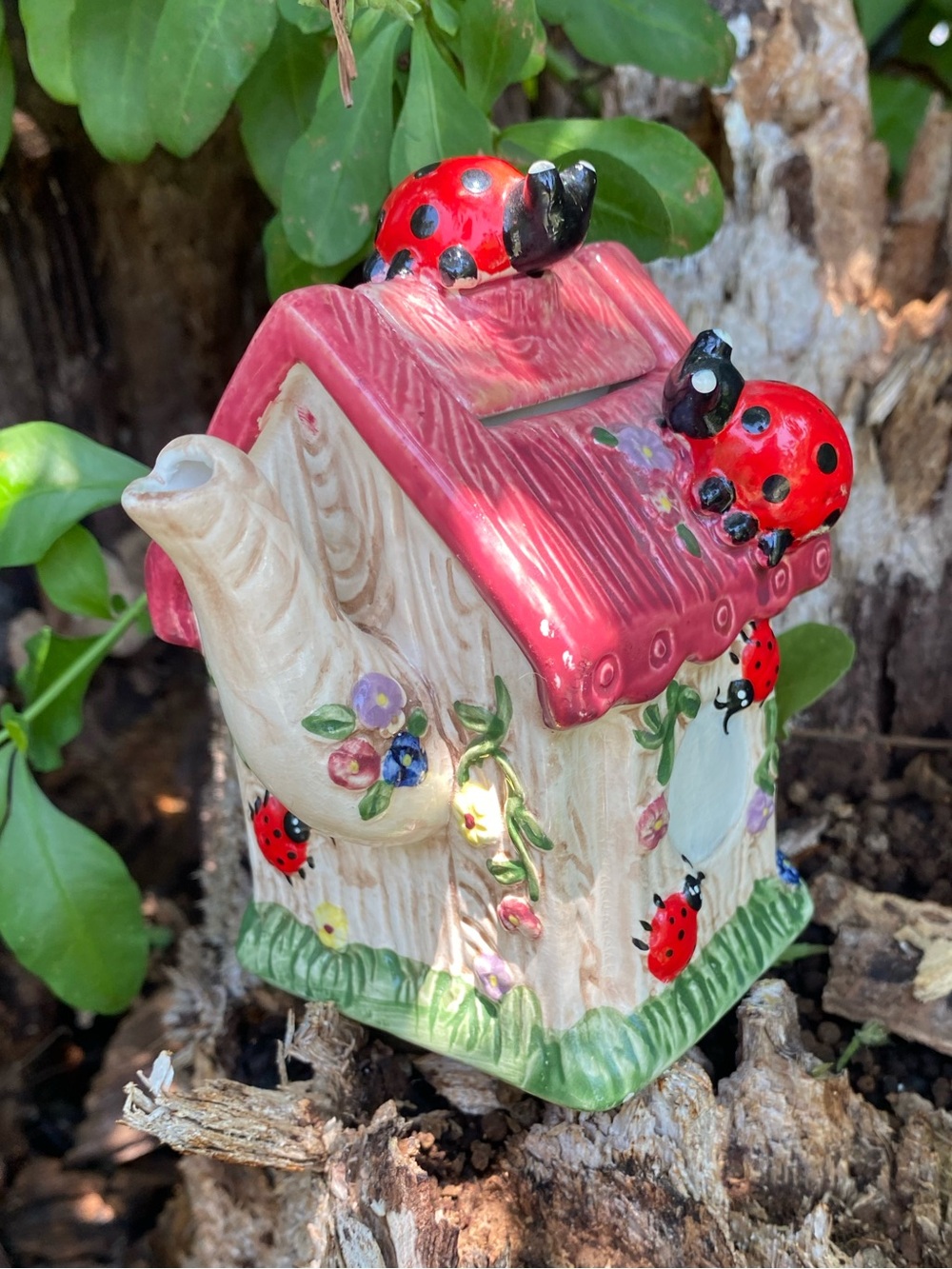 Source Unknown Red and Green Ladybug Birdhouse Teapot Ceramic